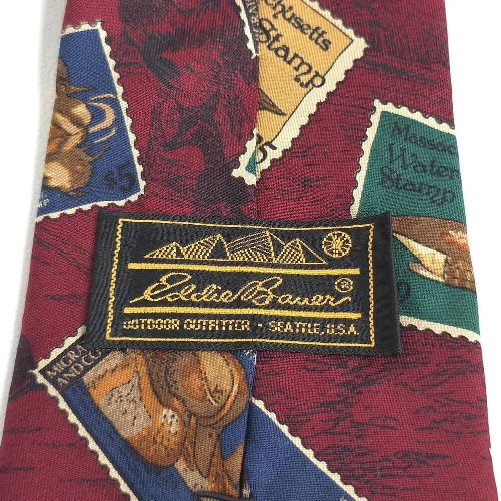 EDDIE BAUER Men's Silk Tie Ducks ITALY HAND‎ PRINTED Vintage USA MADE Hand Sewn